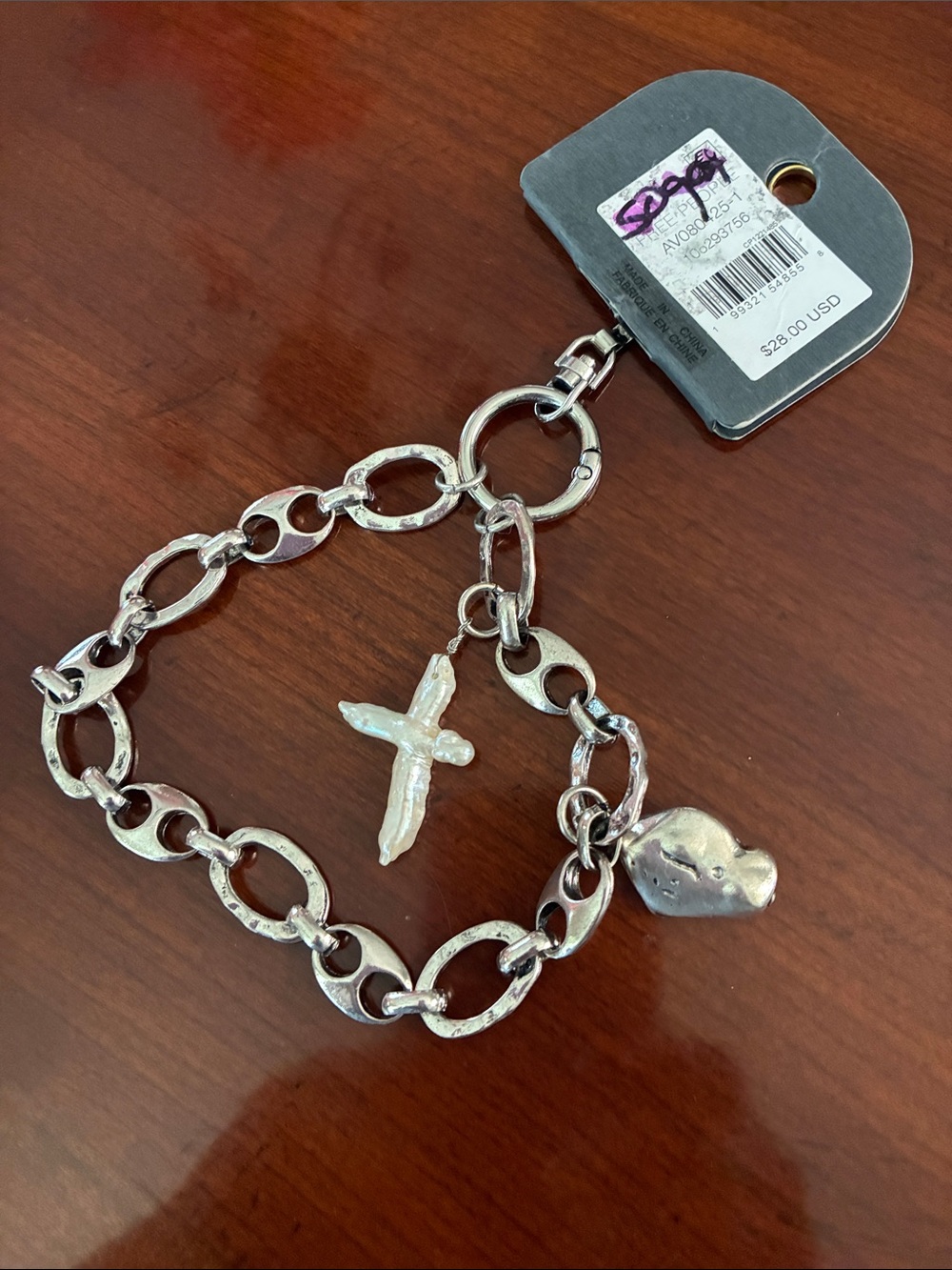 FREE PEOPLE  Silver Link Phone Accessory with Cross & Charms - White Pearl Accen